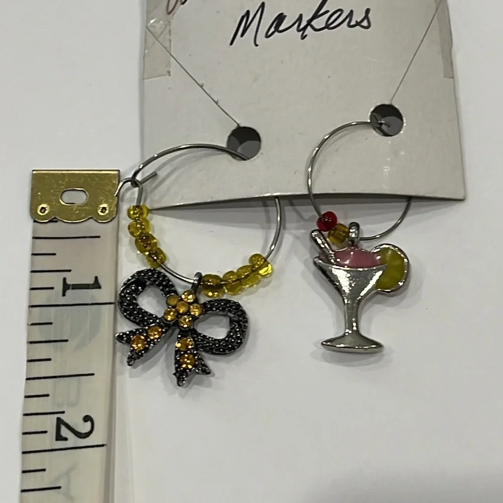 Wine Glass Markers Yellow Rhinestone Bow Cocktail Silver Tone Set of 2 OS